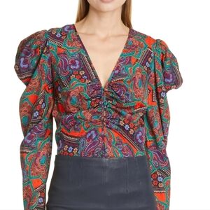 Veronica Beard Simmons Paisley Floral Silk Blend Flame Red Top NEW